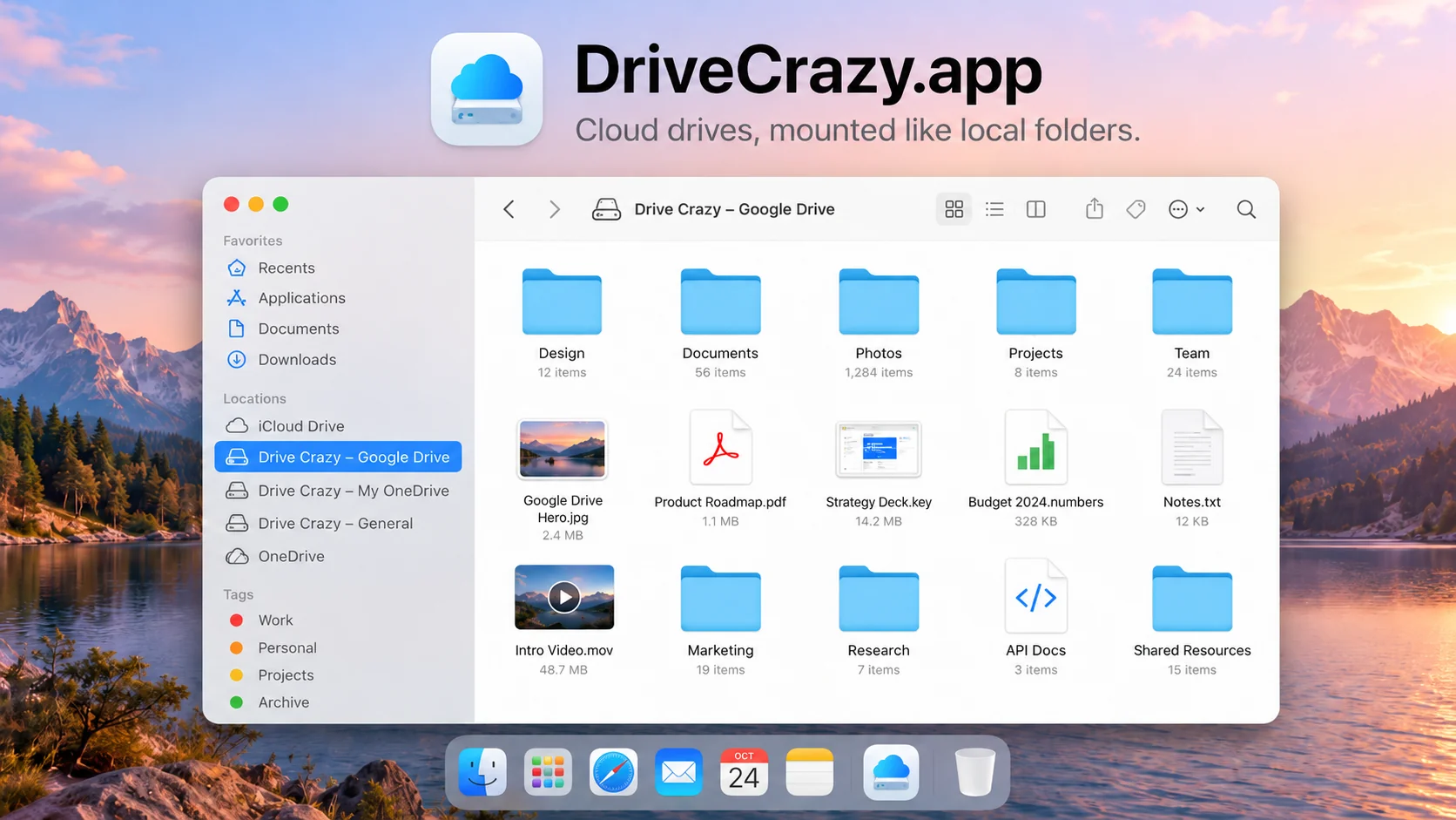 A Mac Finder window with Drive Crazy drives for Google Drive, OneDrive and General listed in the sidebar, showing folders and files from the mounted Google Drive.